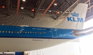 KLM's PH-AKA in the hangar at Schiphol on 27 June 2018 with the Gogo 2Ku radome showing.