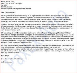 Full text of the memo sent to all JetBlue LSC employees this afternoon regrading the organizational changes coming on Friday.