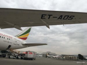 An Ethiopian 787-8 on the ramp in Addis; soon to be connecting to Los Angeles via Lome, Togo