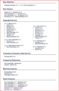 A text version of the JetBlue route changes for 2019