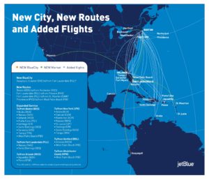The official release of additions to JetBlue's route map in 2019; associated cuts are not indicated on the map