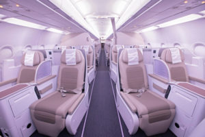 The new business class cabin on Saudia's A320. Yes, real lie-flat seats on board.
