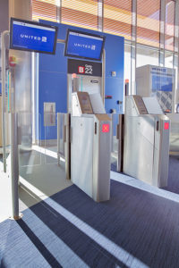 United's self-boarding gates on display in Boston's Logan Airport