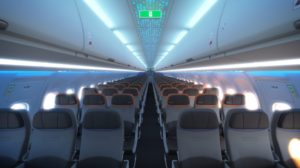 The 114 seat economy class cabin on JetBlue's new A321LR fleet fill the back half of the plane; the 24 Mint suites stretch from the exit windows to the front.