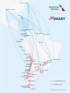 Route map showing the combined reach of American Airlines and JetSMART across the Americas