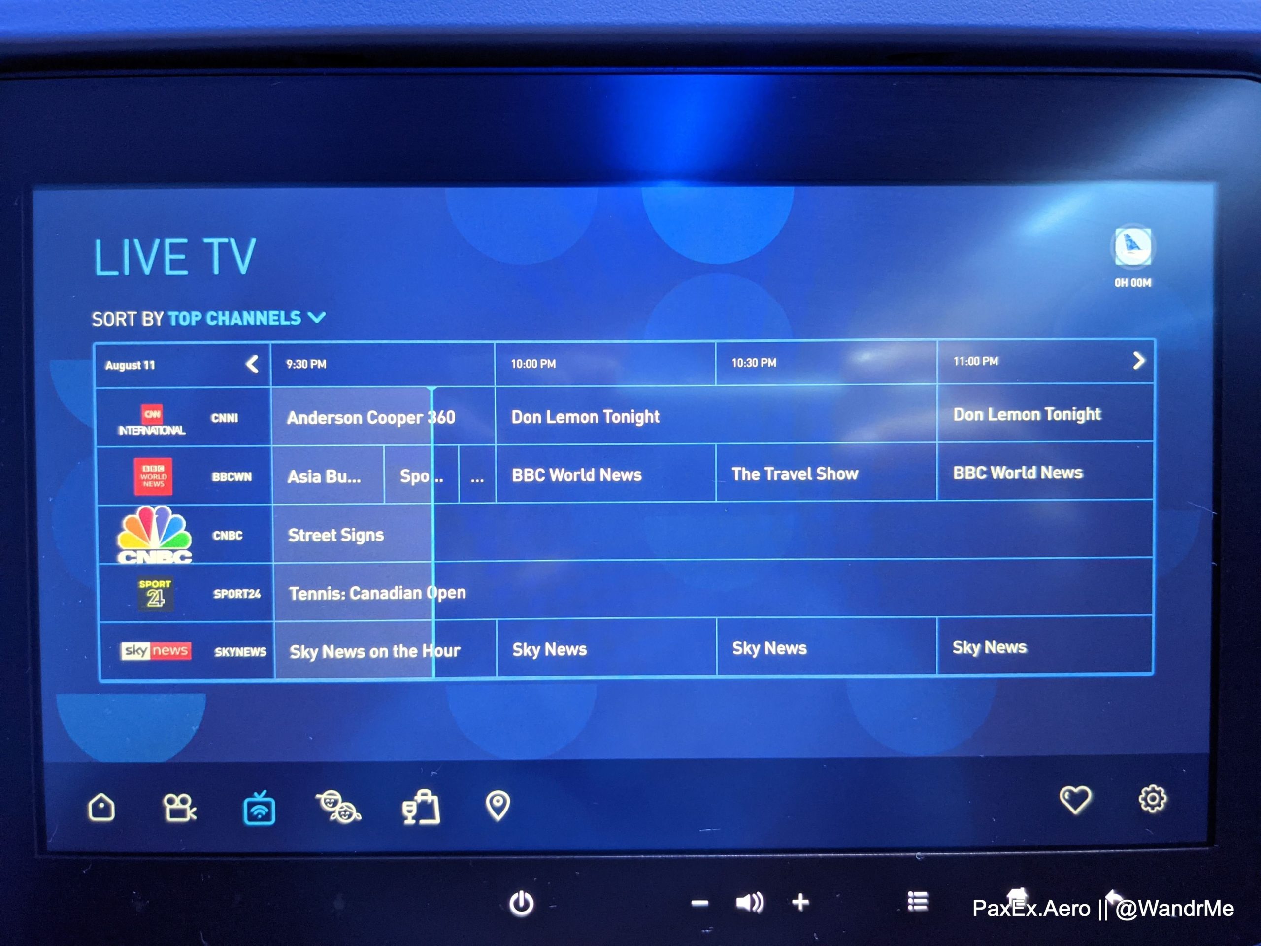 FIve channels of live television, among the IFE options on board