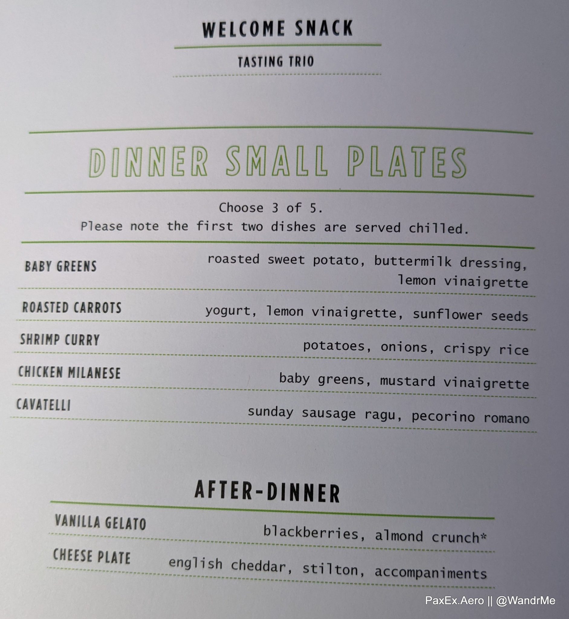Menu for the main meal out of London on JetBlue's new transatlantic