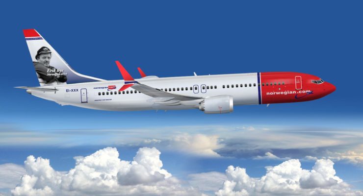 rendering of a red and white Norwegian 737 MAX flying.