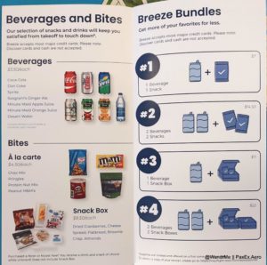 The current menu includes the snacks and non-alcoholic drinks, as well as bundle pricing. Booze should be available on board by April.