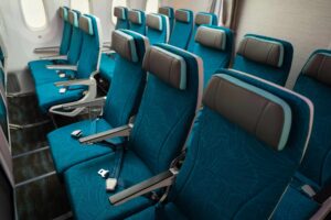 Nice details on the Aspire seats for Hawaiian's ecnoomy class cabin, including the custom fabric coverings and the articulating recline (image via Hawaiian Airlines)