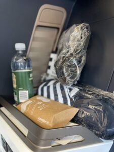 Amenities on offer at boarding Condor's A330neo business class (Photo: Jeremy Dwyer-Lindgren)