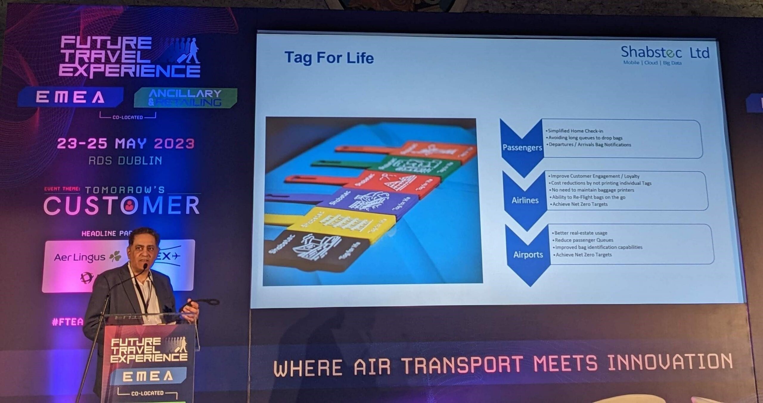 Shabstec owner Shabbir Girach pitching the TagsForLife concept at Future Travel Experience EMEA 2023 in Dublin Shabstec owner Shabbir Girach pitching the TagsForLife concept at Future Travel Experience EMEA 2023 in Dublin