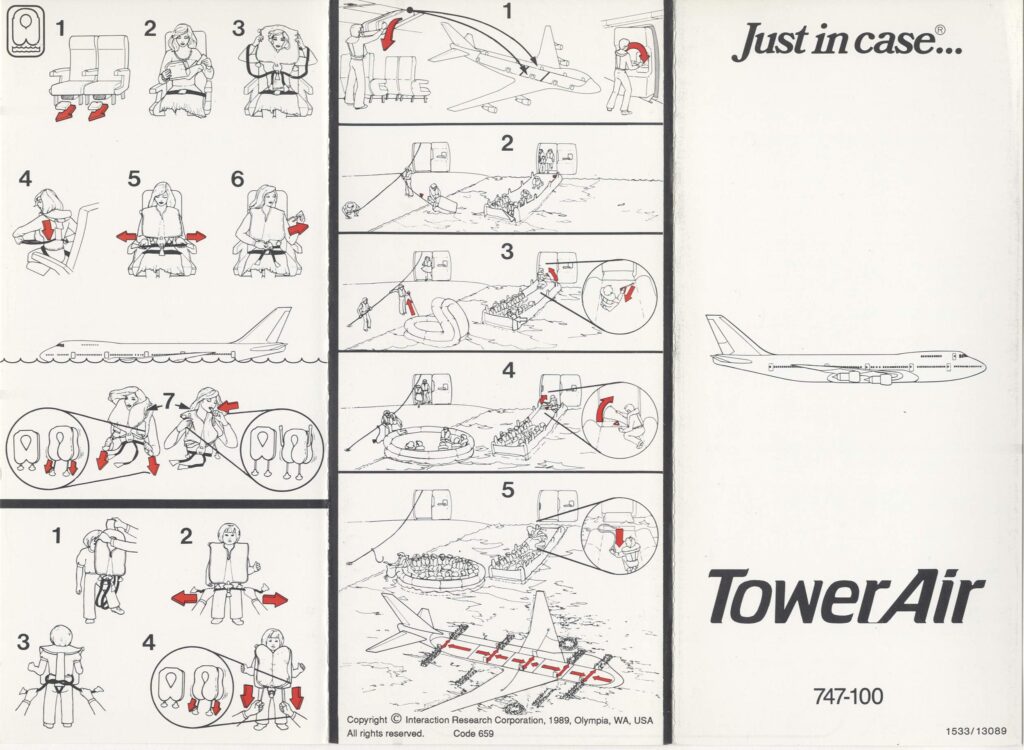 In 1989 Tower Air had mostly shifted to pictures for its safety card, designed by IRC.