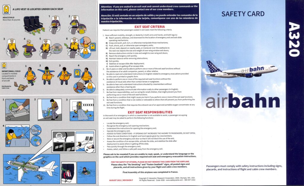 A safety card that never took flight...AirBahn never quite got off the ground, but its safety cards meets all the regulations.