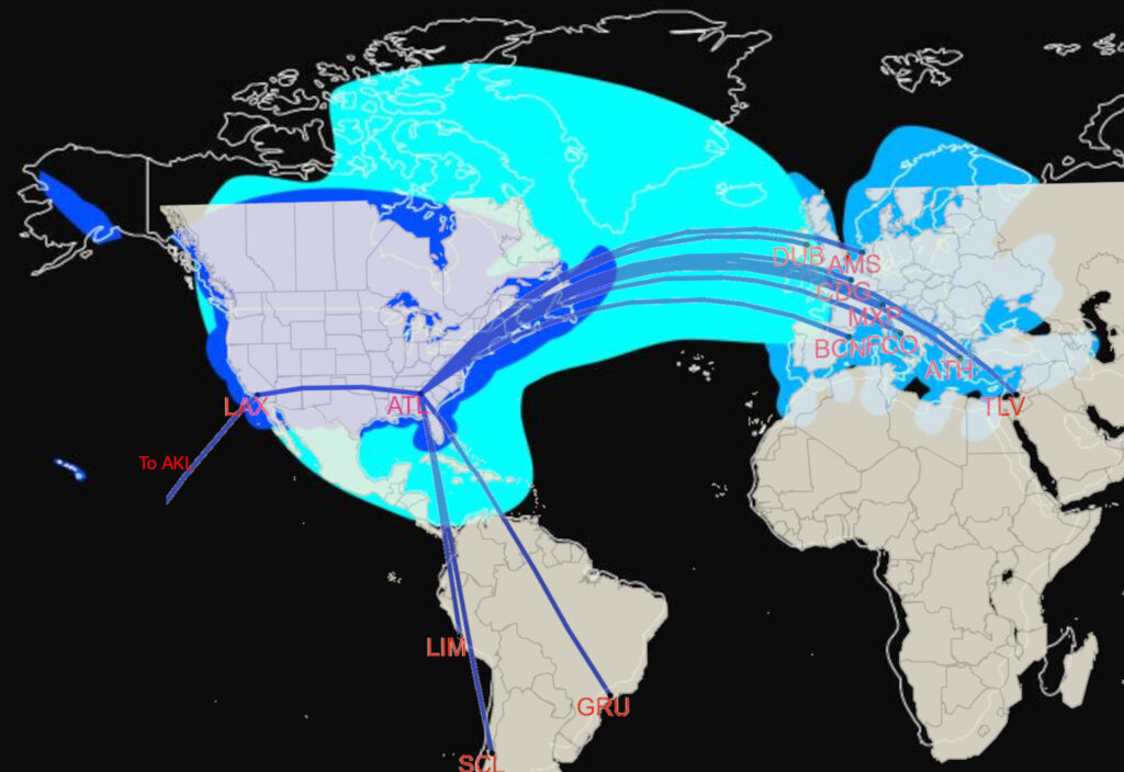 Viasat's coverage map overlayed with Delta's A350 (ex-LATAM) routes