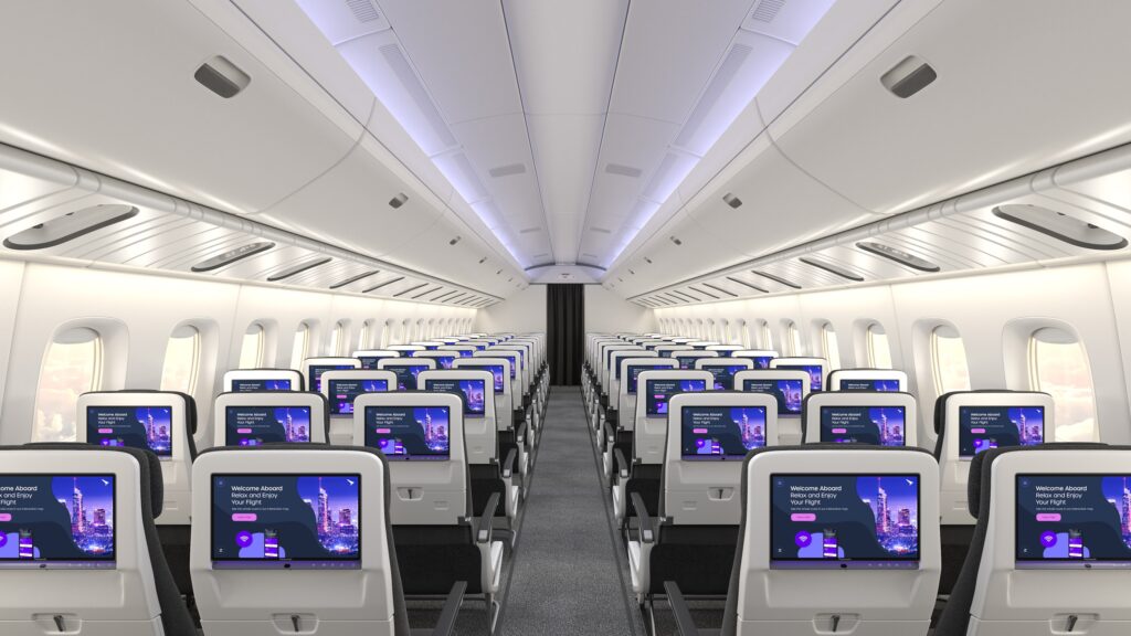 Rendering of an aircraft interior with Panasonic Avionics' Astrova screens installed