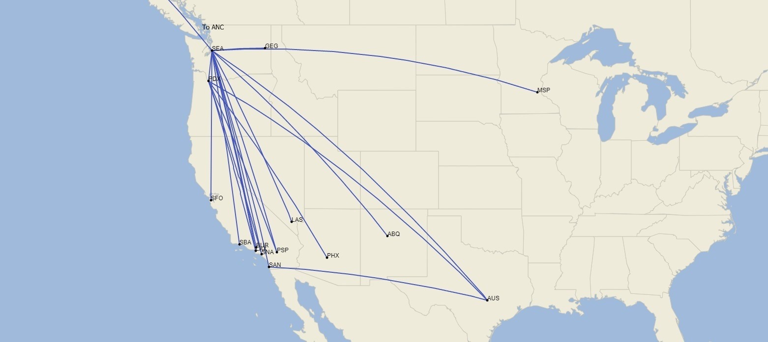 By March 2024 Alaska Airlines expects to operate the MAX 8 to 16 different cities across its network (map via Cirium)