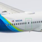 An Alaska Airlines MAX 9 showing the door plug in place