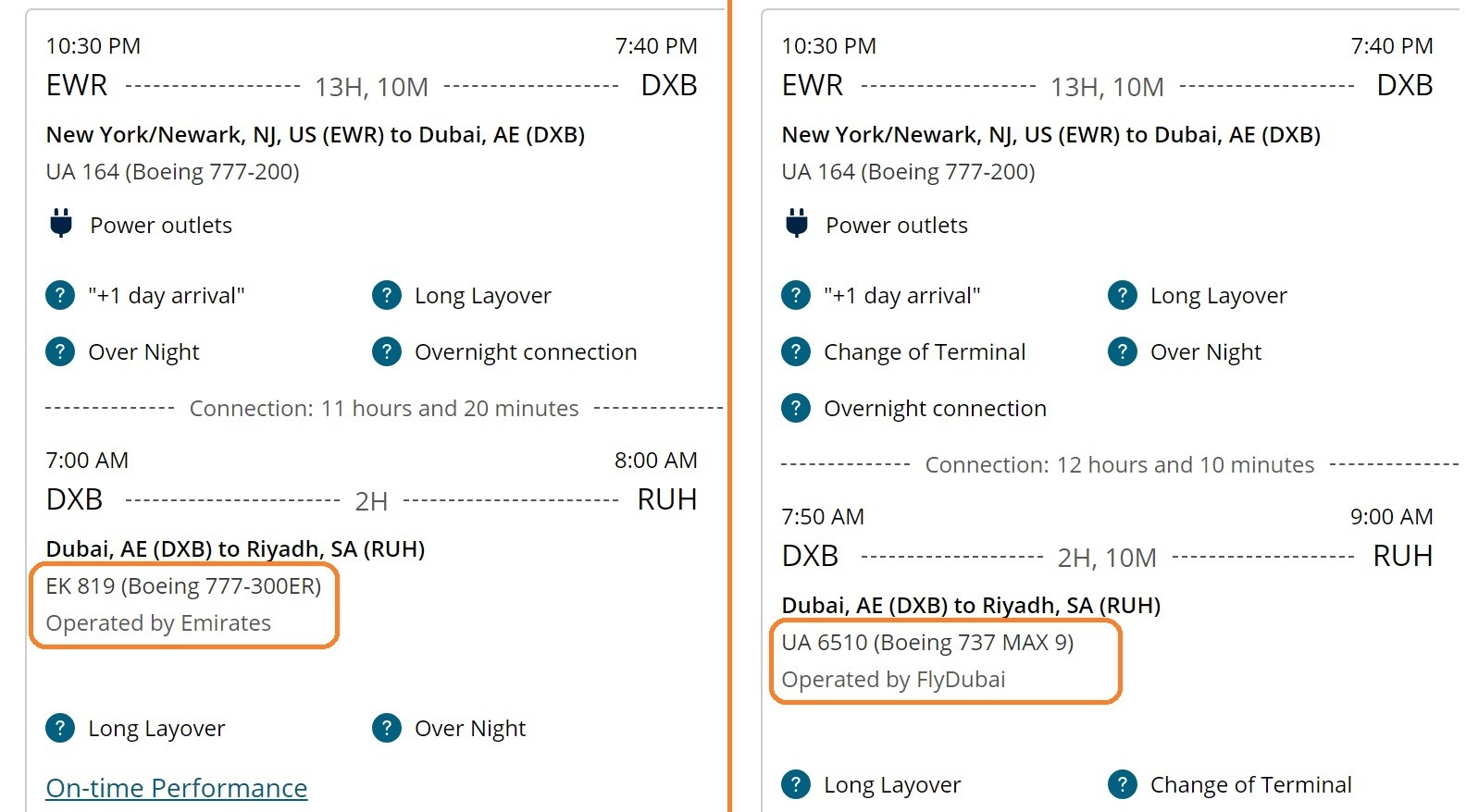 united-emirates-flydubai-codeshare flight booking options showing Emirates and flydubai options from United Airlines