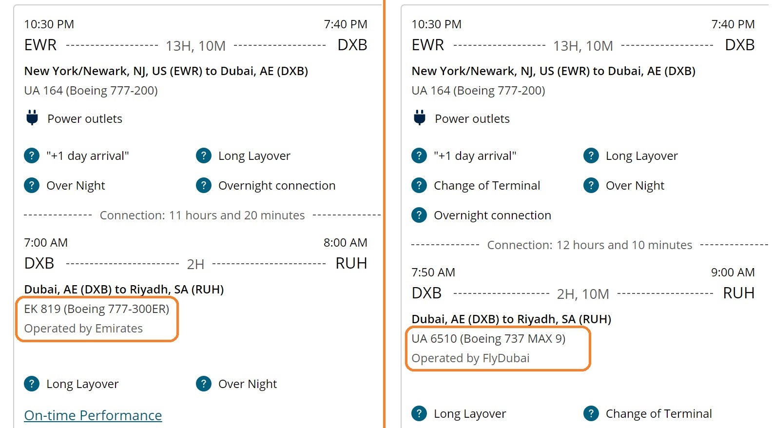 flight booking options showing Emirates and flydubai options from United Airlines