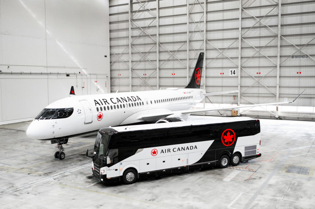 Landline bus in the Air Canada livery, plus an A220