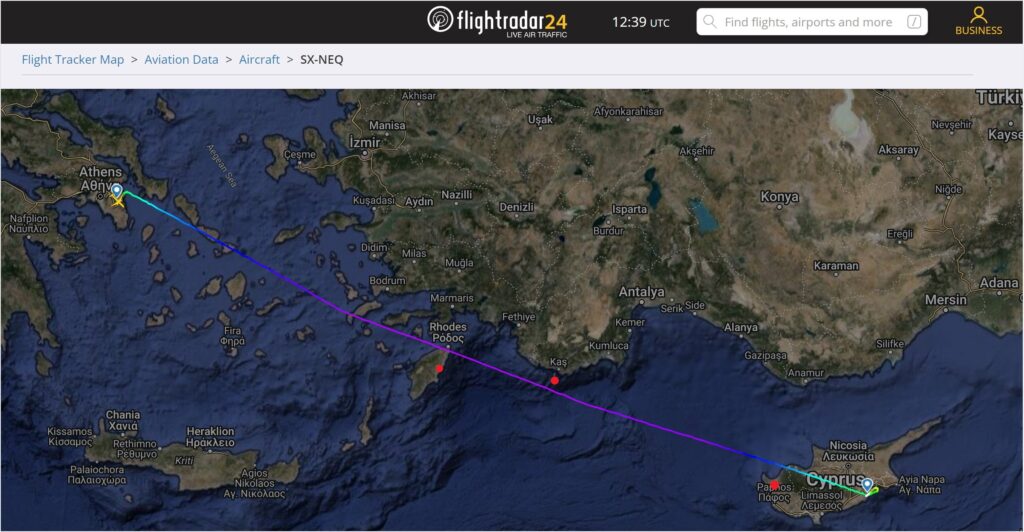 A typical flight path between Cyprus and Athens, annotated to show estimated locations of the new EAN towers 