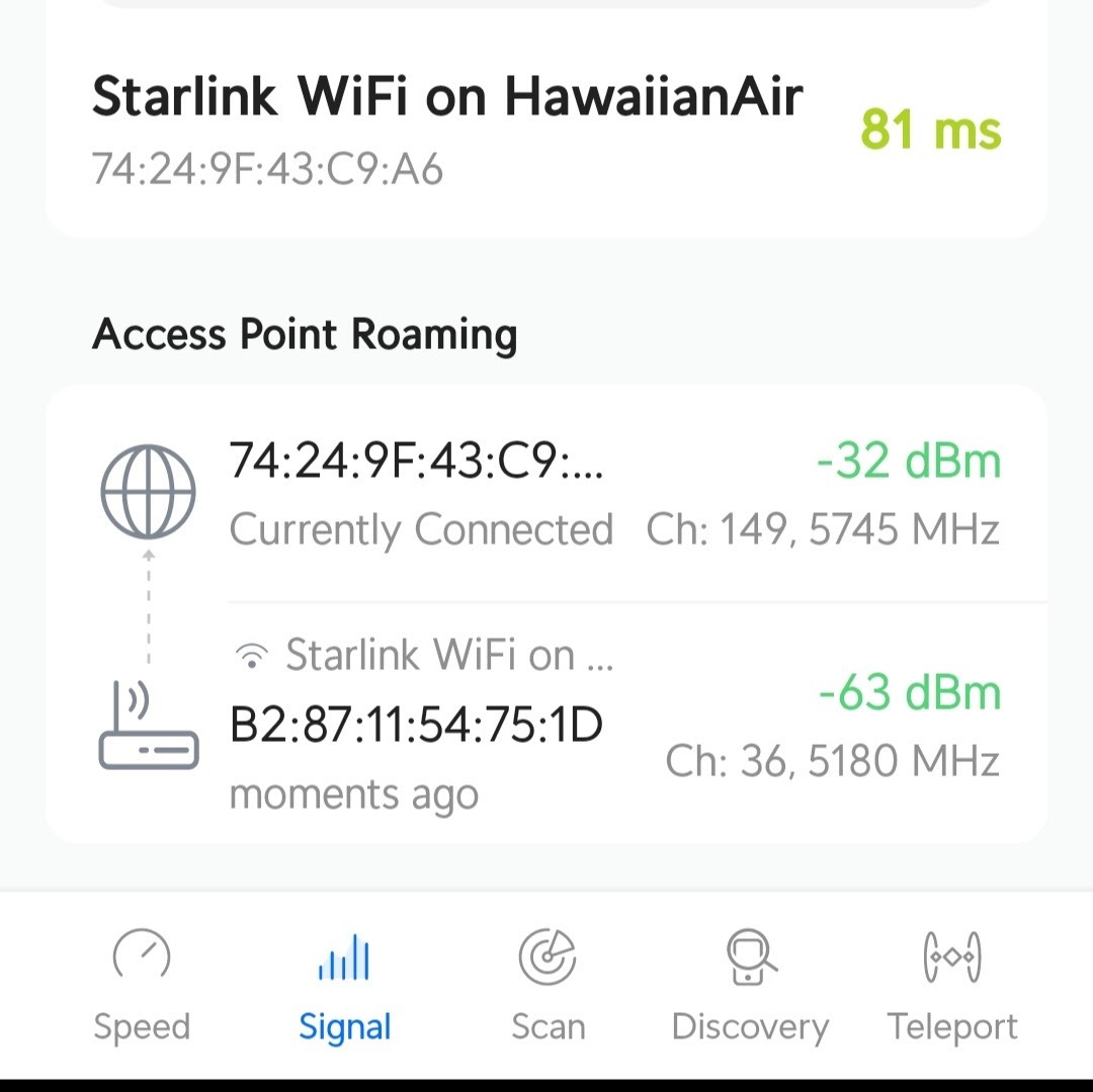 starlink-hawaiian-access-point-roaming My device seamlessly roamed between the two Starlink networks on board this Hawaiian Airlines A321neo