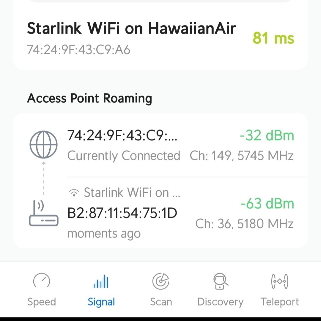 My device seamlessly roamed between the two Starlink networks on board this Hawaiian Airlines A321neo