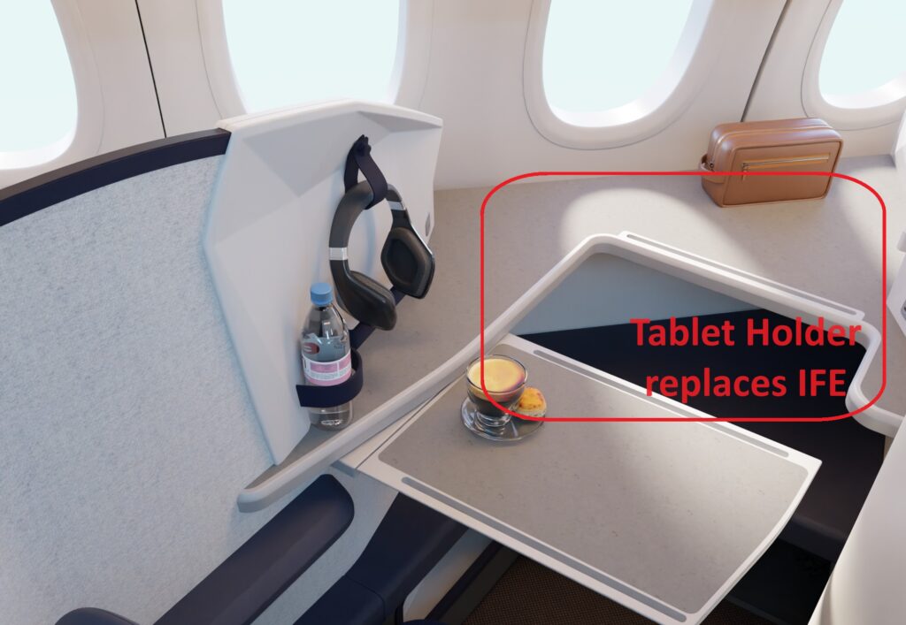 Stelia's Opera Essential business class seat design removes the provision for an IFE screen, with a tablet holder slot instead