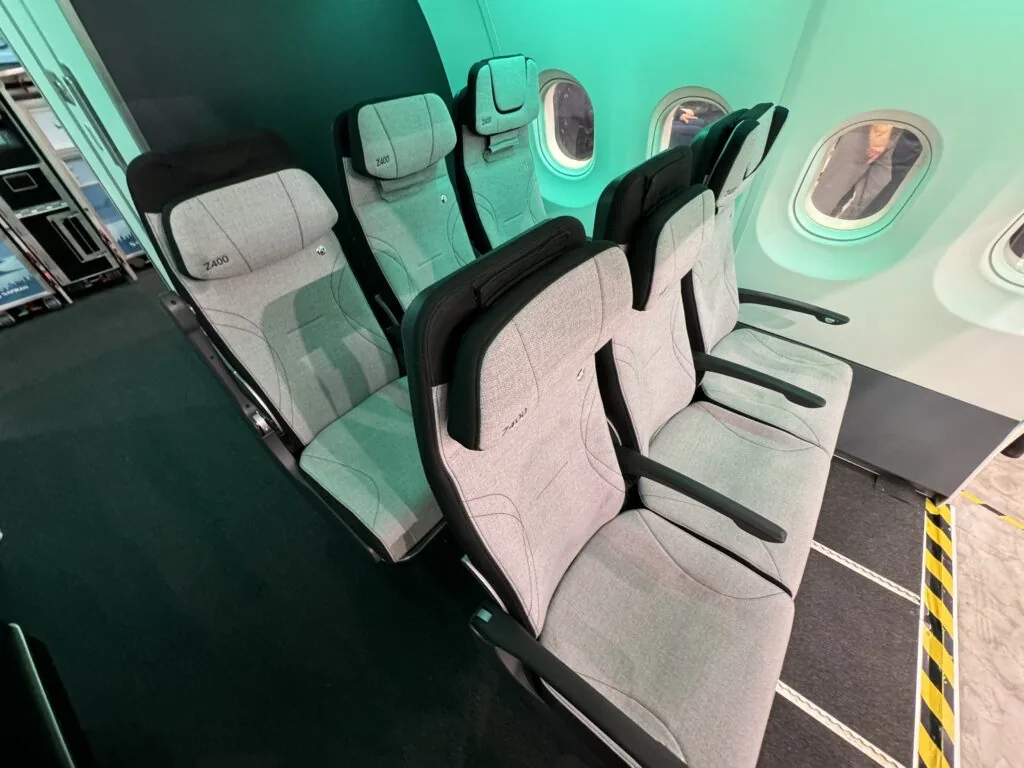Safran's Z400 seat, narrowed for a 10-abreast A350 cabin, on display at AIX2024 