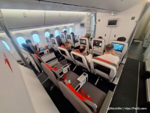 Austrian's 787 offers a typical 2-3-2 premium economy cabin layout, with three rows of seats