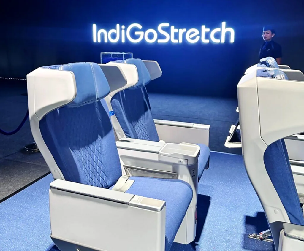 The new IndiGo Stretch cabin features Recaro's R5 seats, lightly customized for the carrier.