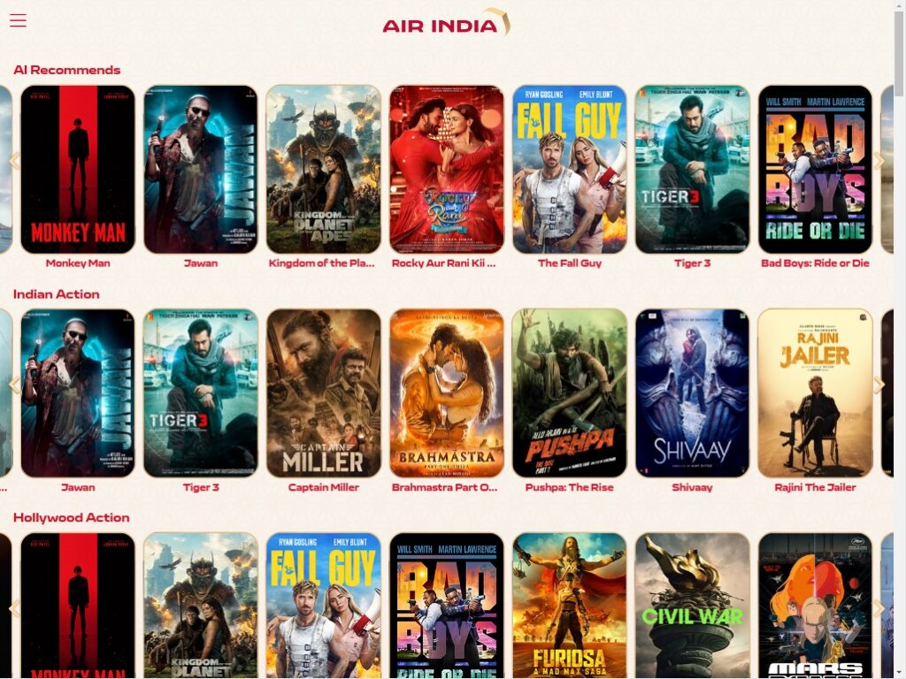 Content selection for the Vista solution on Air India (image via Bluebox)