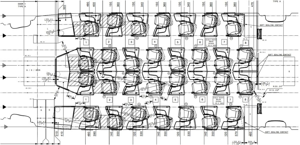 Cabin layout for the Recaro R7 seats in LATAM's business class cabin on the 787-9 (image via DOT filing)