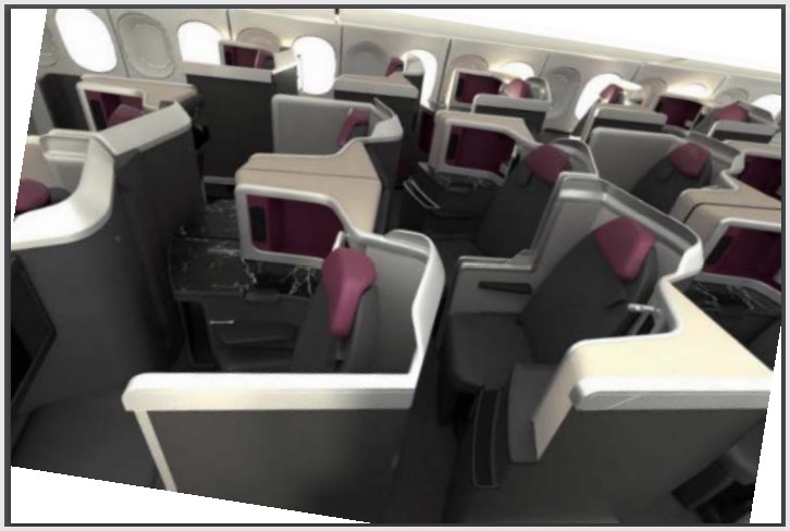 Rendering of the Recaro R7 seats in LATAM's business class cabin (image via DOT filing)