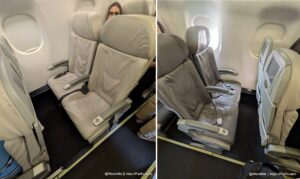 Comparing the extra leg room seats at the front of the Azul E195 with the regular pitch