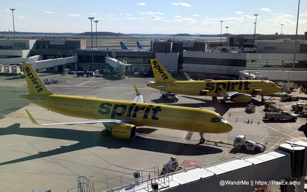 A pair of Spirit Airlines jets at Boston Logan