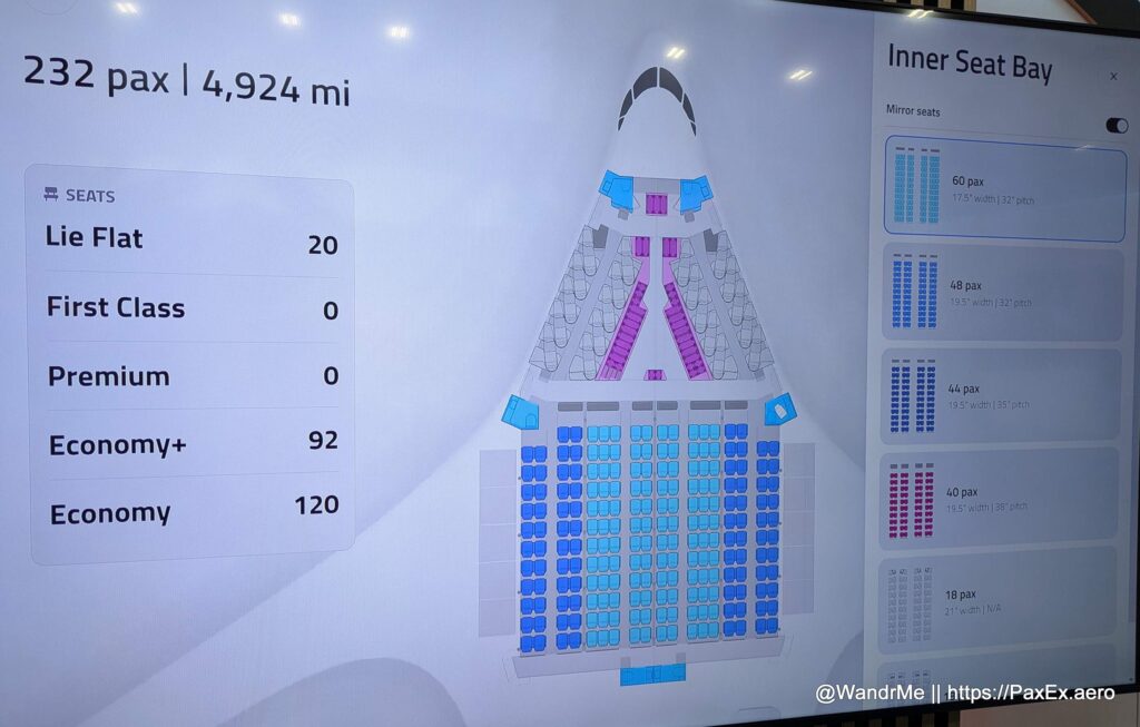 Digital rendering of seating layouts on the JetZero blended wing aircraft, including a 2-5-4-5-2 economy class section; at least the lie-flat beds up front are 1-1