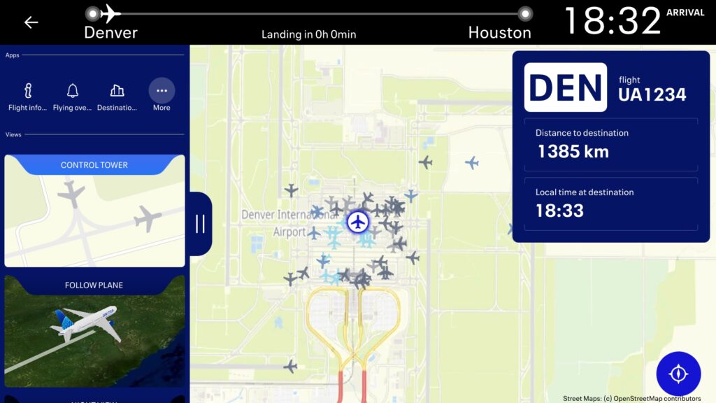 The Control Tower view in the FlightPath3D map offers United's passengers details about their position on the ground, as well as that of other aircraft around them.