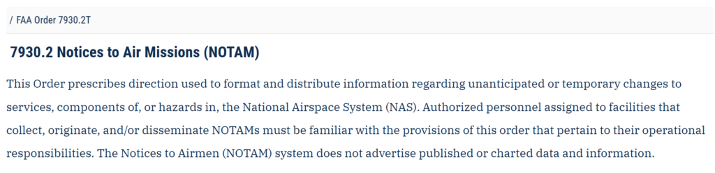 Screenshot of the NOTAM website, where one instance of the NOTAM acronym was never updated to the new terms.