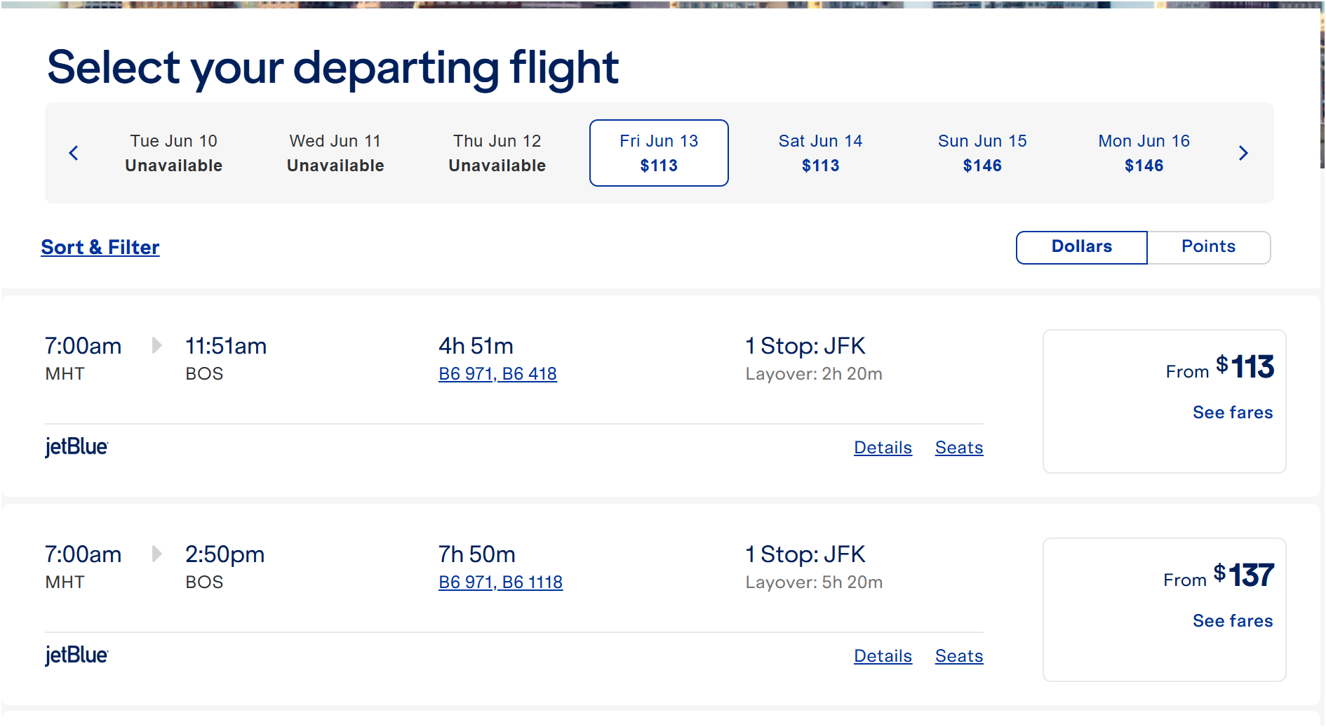 JetBlue booking options for a terrible, 5 hour trip between two cities an hour apart.