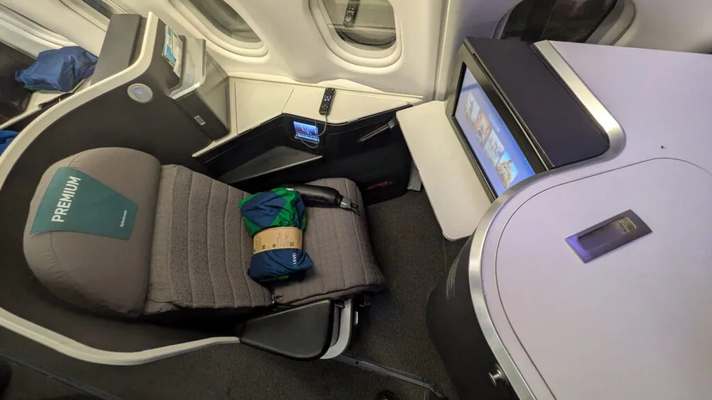 looking down at a lie-flat seat labeled 