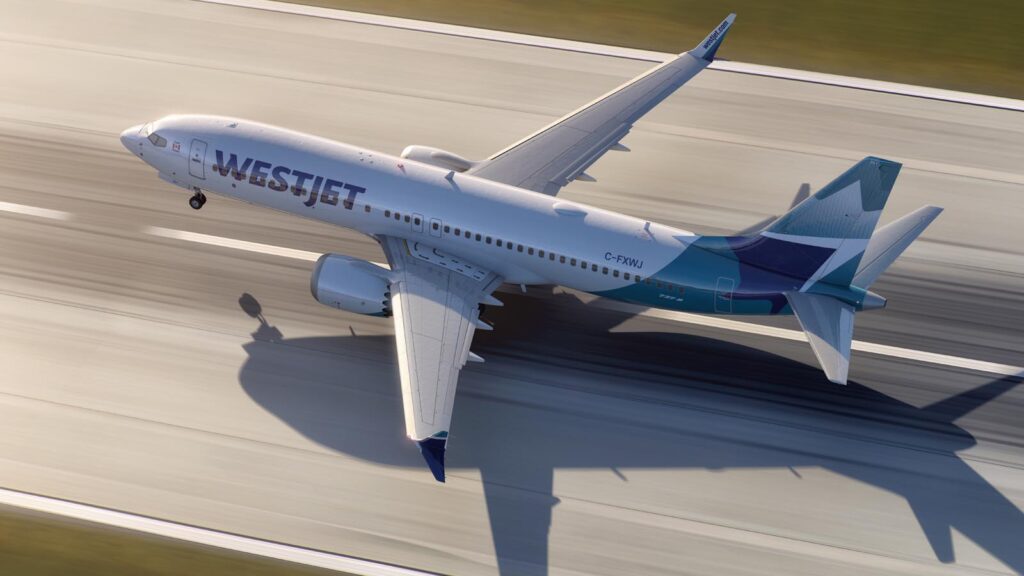 A WestJet 737 MAX 8 seen from above a runway