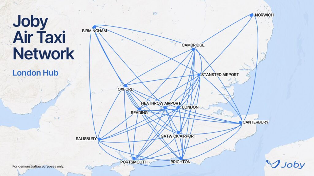 Map of flight paths connecting various cities around London, 