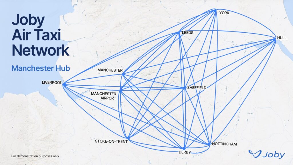 Map of flight paths connecting various cities around Manchester,