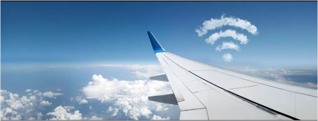 wifi logo clouds over an airplane wing