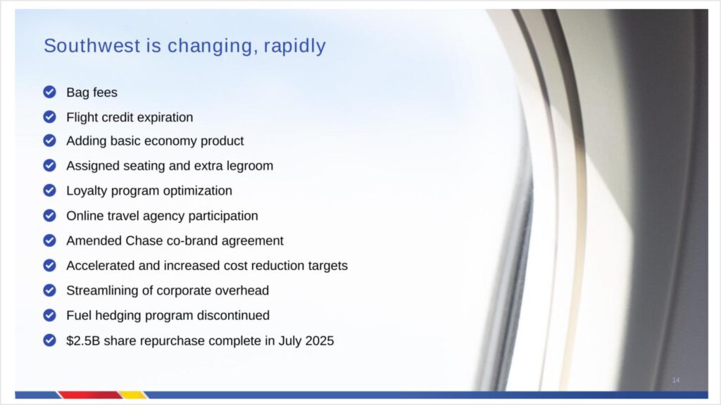A slide from the Southwest investor presentation detailing the many, many changes coming that will make the carrier much more like the rest of the US industry