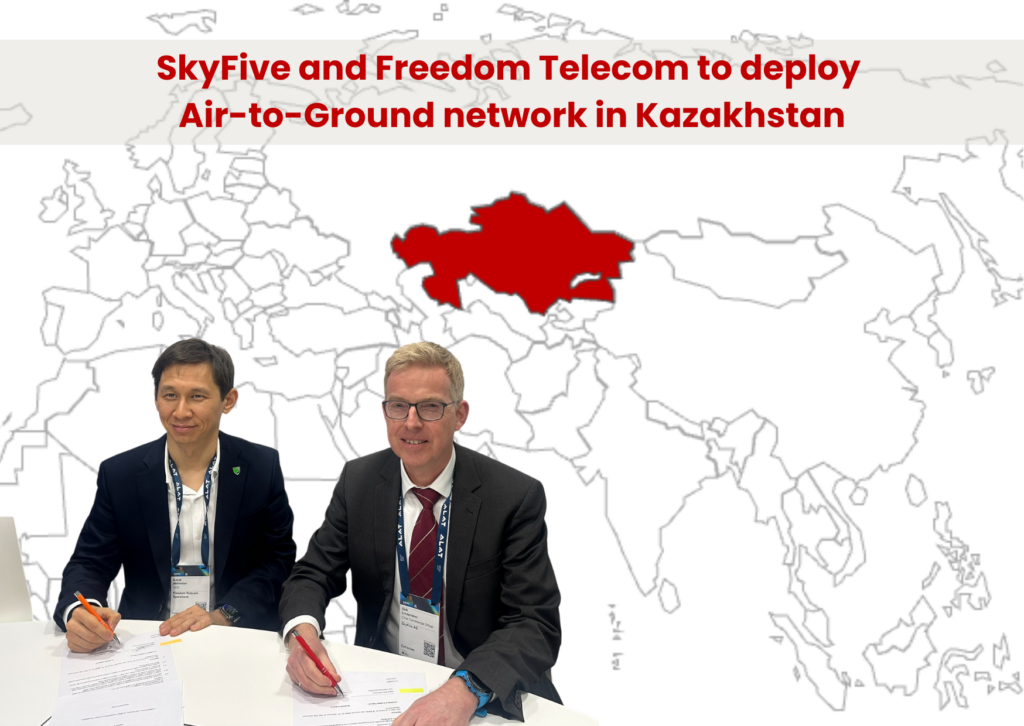 Freedom Telecom and SkyFive CEOs at a signing ceremony for the new network deployment in Kazakhstan