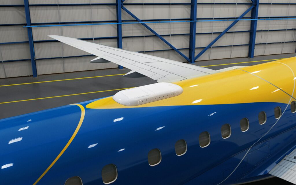 The Gilat Sidewinder ESA for Intelsat's multi-orbit connectivity installed atop an Embraer E2 jet