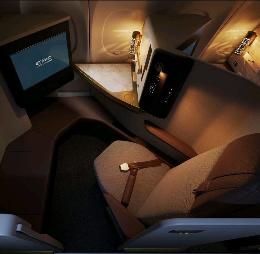 Extra space and extra privacy - thanks to the mini-suite door- are part of the bulkhead row boost for the Etihad A321LR first class seat.